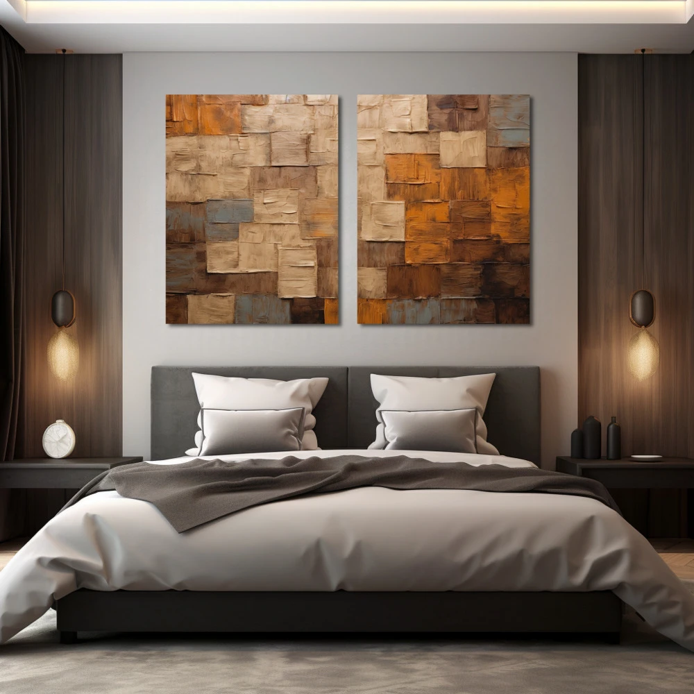 Cuadro sensus abstractus en formato díptico con colores marrón, beige; decorando pared de habitación dormitorio
