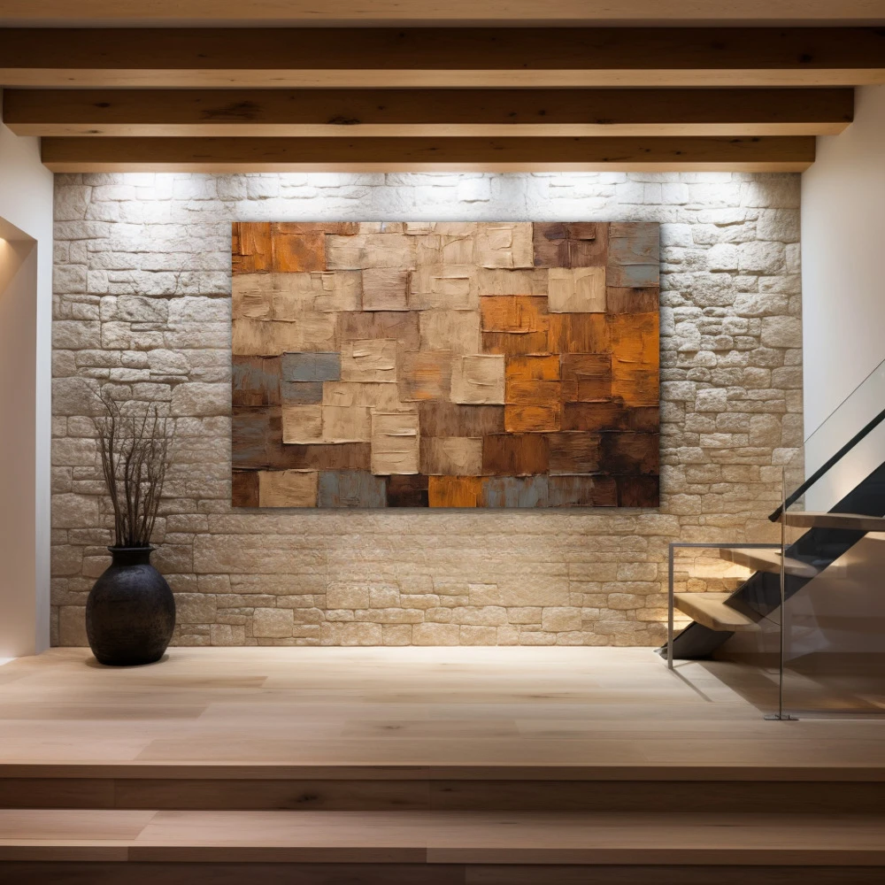 Cuadro sensus abstractus en formato horizontal con colores marrón, beige; decorando pared piedra