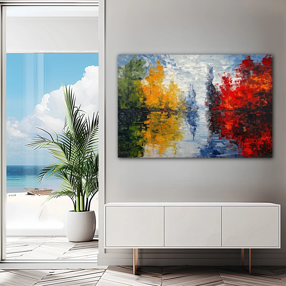 Wall Art titled: Echoes of Nature in a Horizontal format with: Blue, Red, and Green Colors; Decoration the Sideboard wall