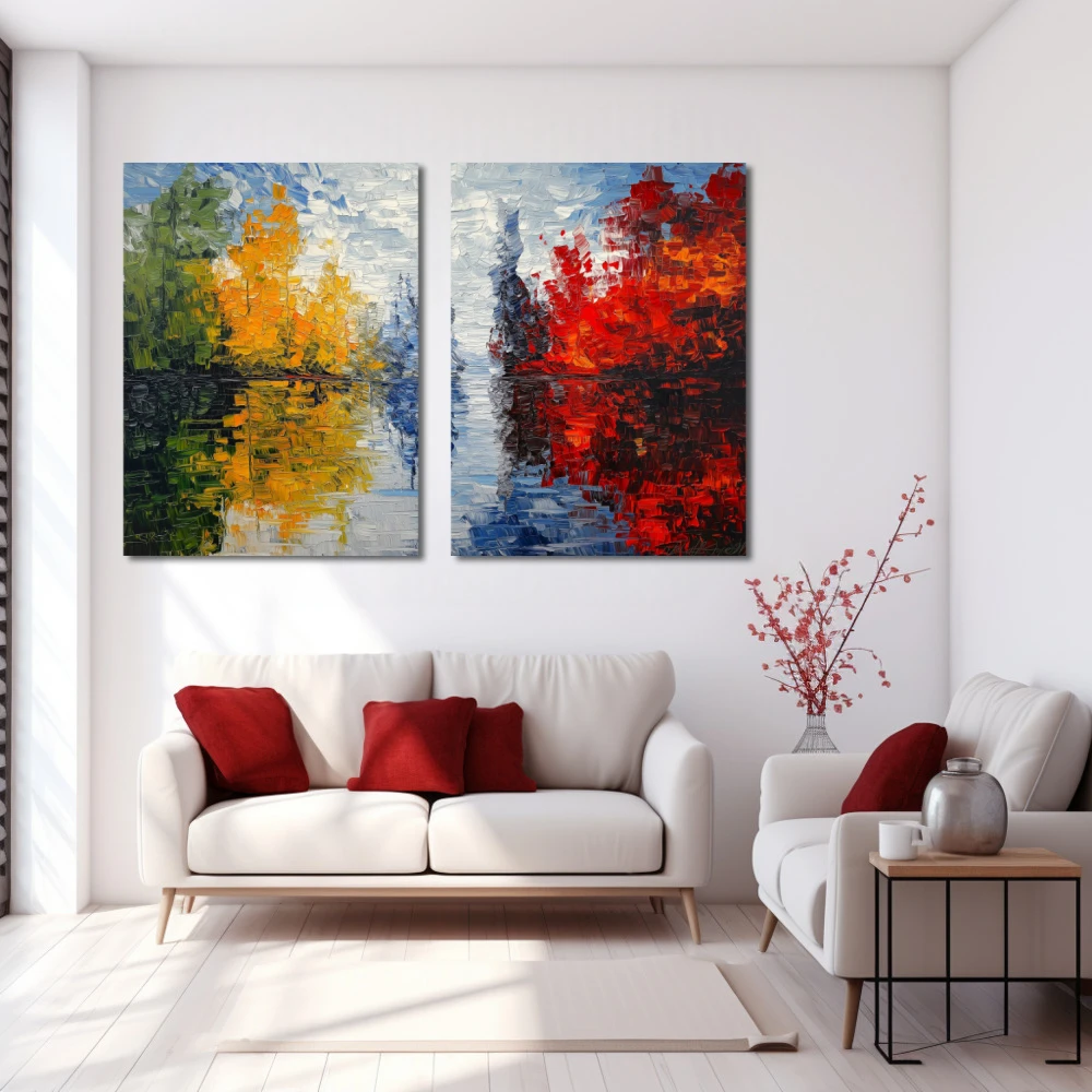 Wall Art titled: Echoes of Nature in a Horizontal format with: Blue, Red, and Green Colors; Decoration the White Wall wall