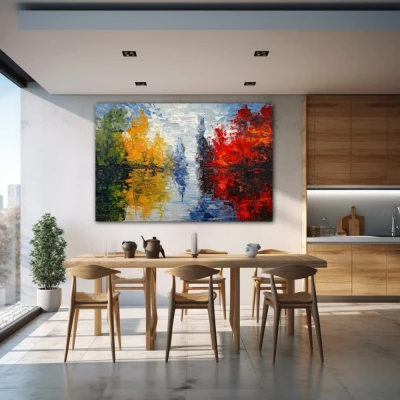 Wall Art titled: Echoes of Nature in a Horizontal format with: Blue, Red, and Green Colors; Decoration the Kitchen wall