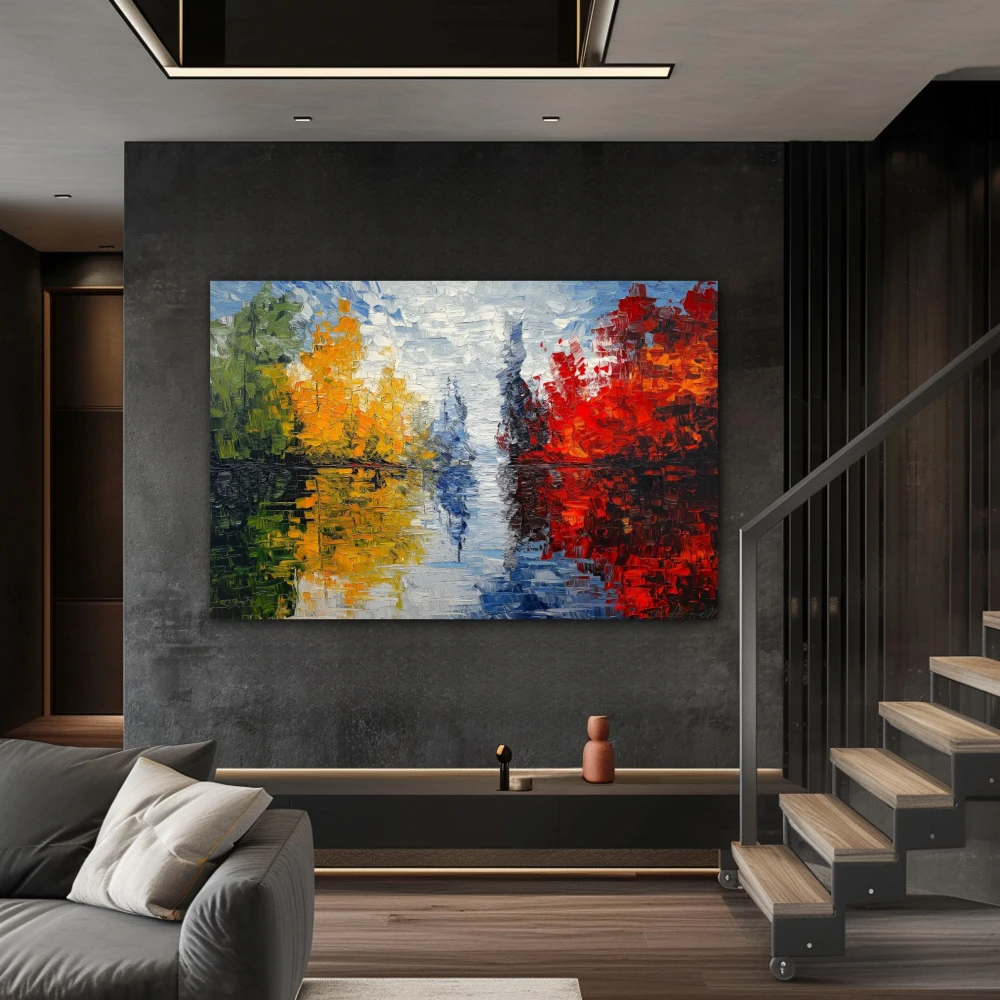 Wall Art titled: Echoes of Nature in a Horizontal format with: Blue, Red, and Green Colors; Decoration the Staircase wall