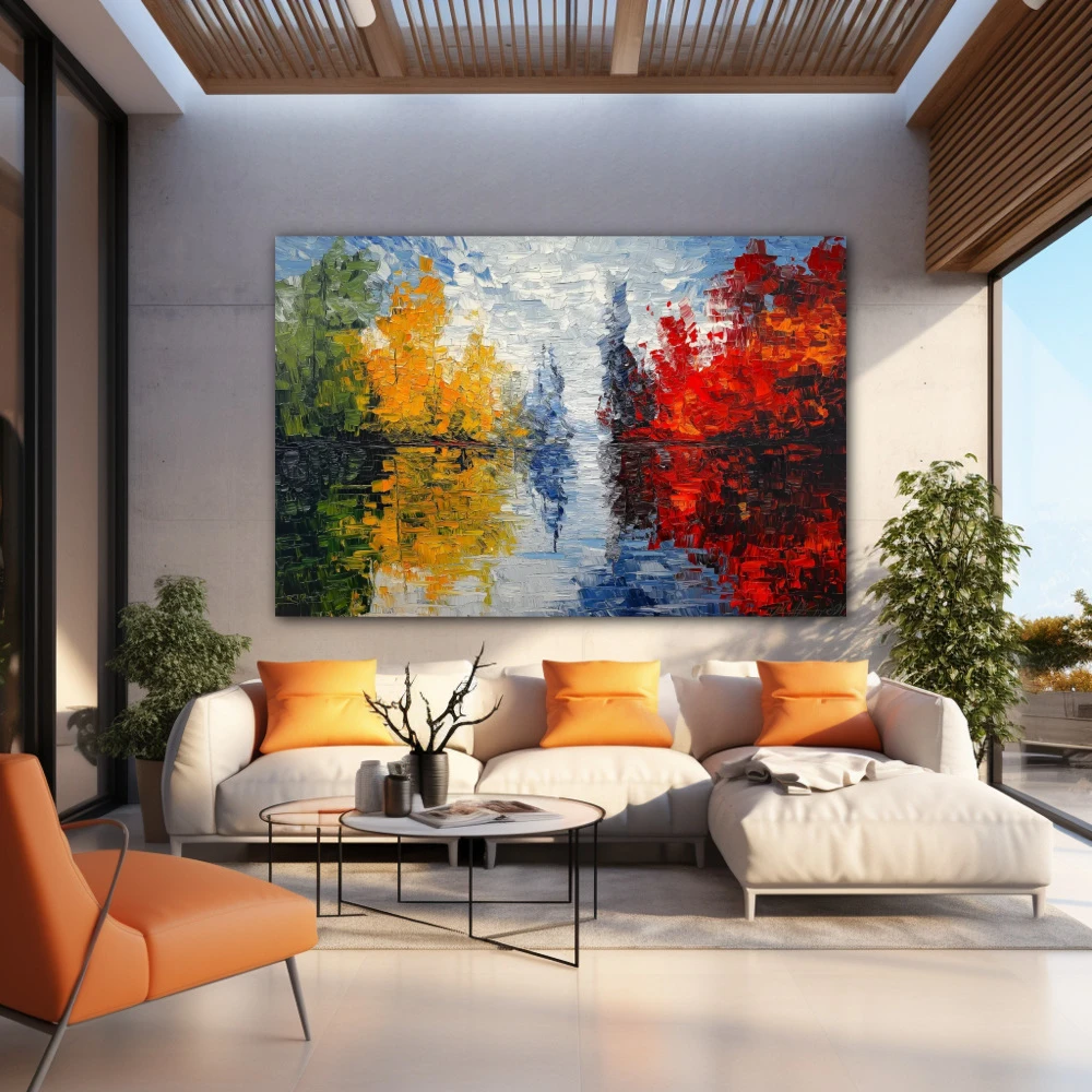 Wall Art titled: Echoes of Nature in a Horizontal format with: Blue, Red, and Green Colors; Decoration the Outdoor wall