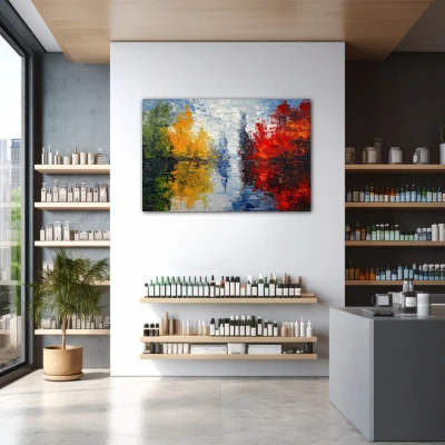 Wall Art titled: Echoes of Nature in a  format with: Blue, Red, and Green Colors; Decoration the Pharmacy wall