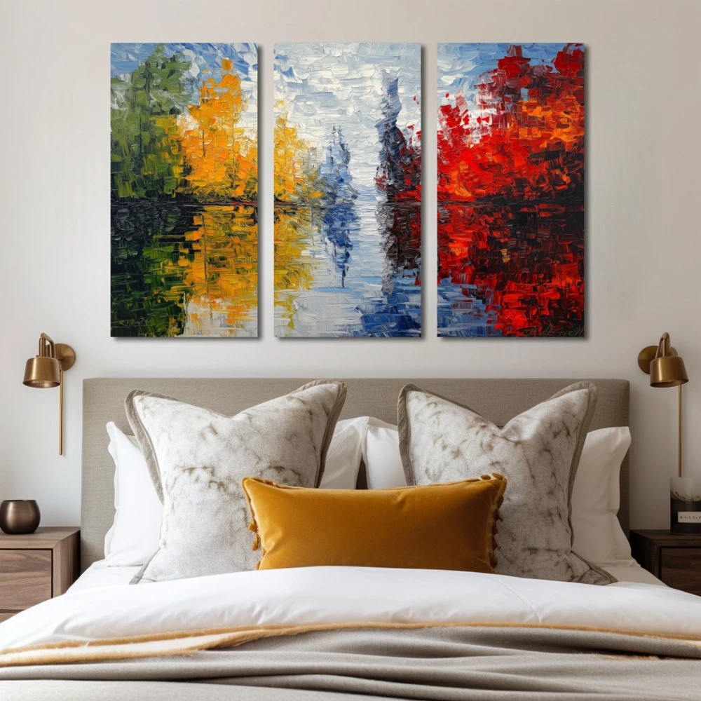 Wall Art titled: Echoes of Nature in a Horizontal format with: Blue, Red, and Green Colors; Decoration the Bedroom wall