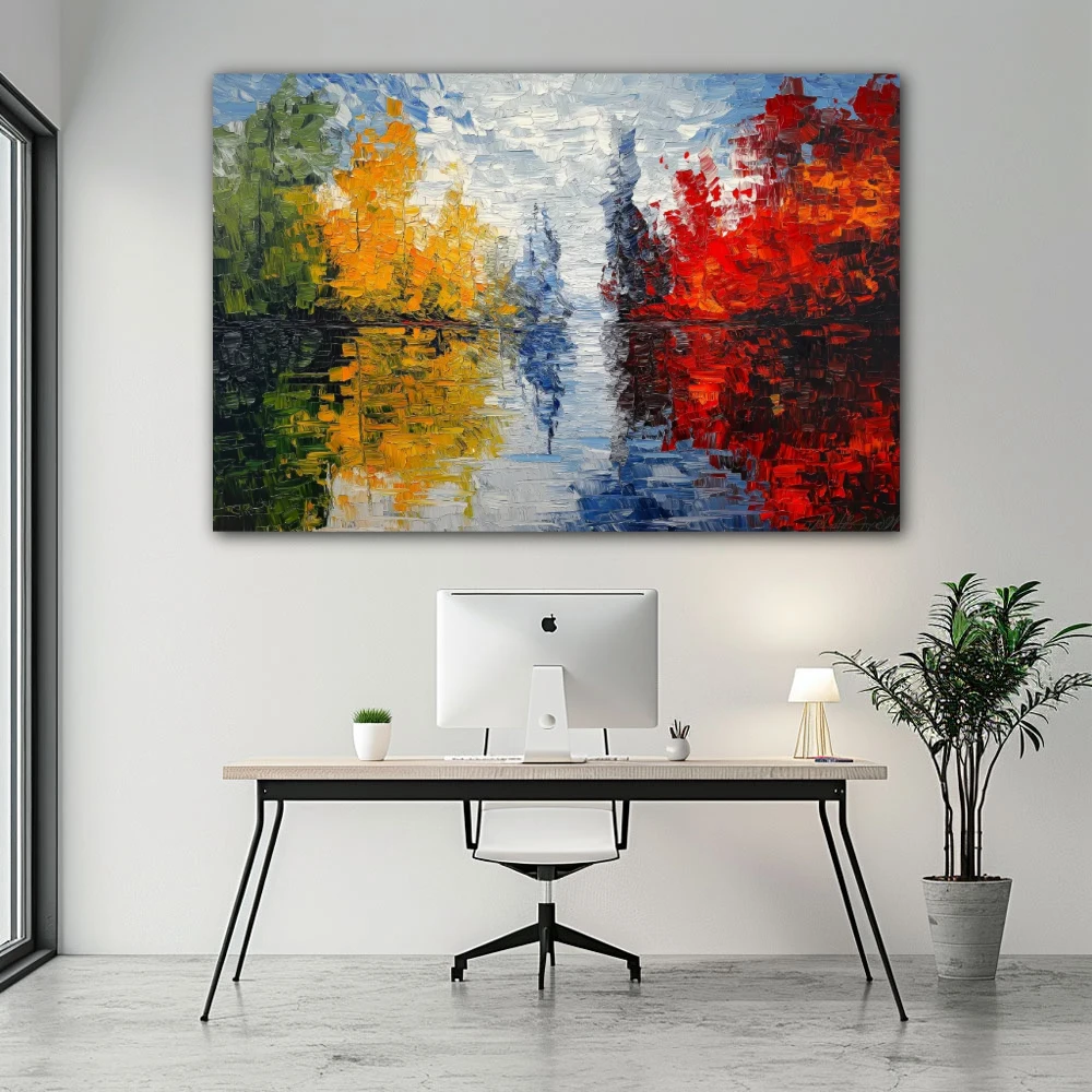 Wall Art titled: Echoes of Nature in a Horizontal format with: Blue, Red, and Green Colors; Decoration the Office wall