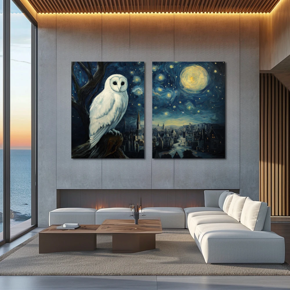 Wall Art titled: The Guardian of Stars in a Horizontal format with: Blue, and white Colors; Decoration the Above Couch wall