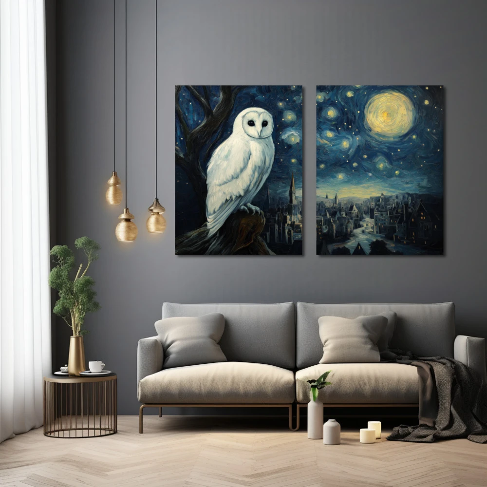 Wall Art titled: The Guardian of Stars in a Horizontal format with: Blue, and white Colors; Decoration the Grey Walls wall