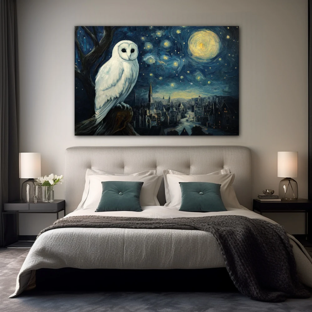 Wall Art titled: The Guardian of Stars in a Horizontal format with: Blue, and white Colors; Decoration the Bedroom wall