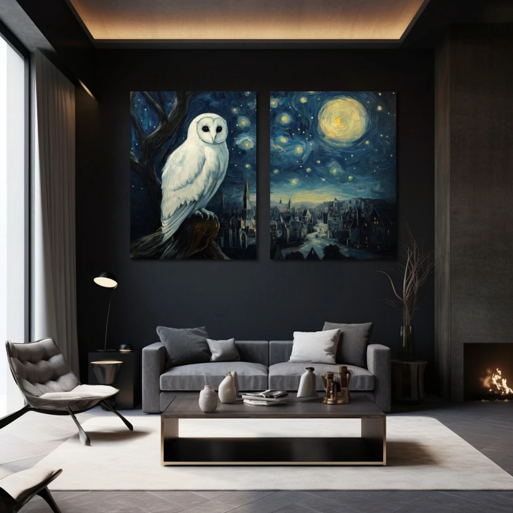 Wall Art titled: The Guardian of Stars in a Horizontal format with: Blue, and white Colors; Decoration the Black Walls wall