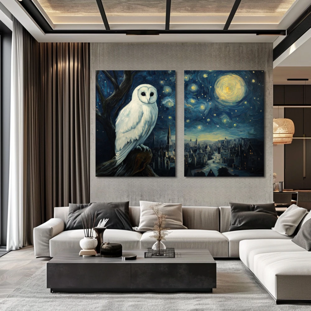 Wall Art titled: The Guardian of Stars in a Horizontal format with: Blue, and white Colors; Decoration the Living Room wall