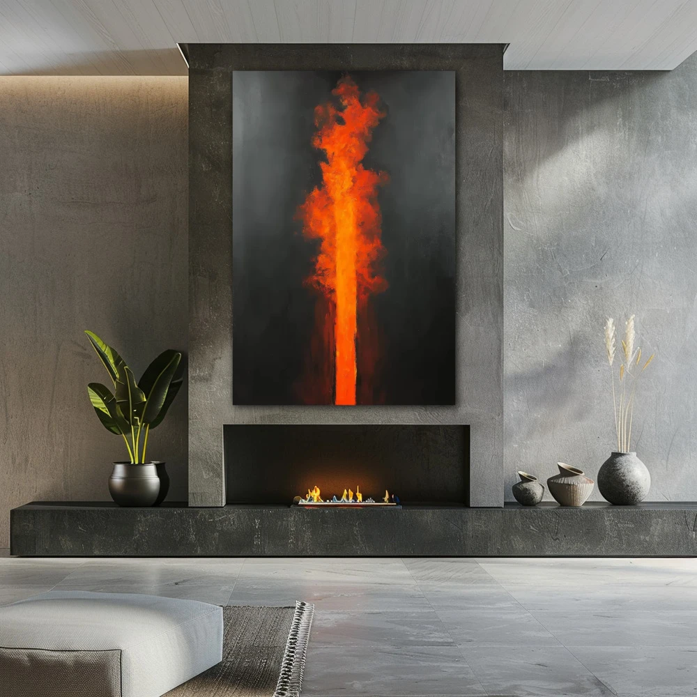 Wall Art titled: Apex of Passion in a Vertical format with: Orange, Black, and Red Colors; Decoration the Fireplace wall