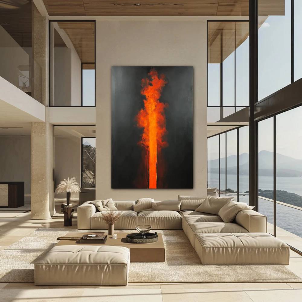 Wall Art titled: Apex of Passion in a Vertical format with: Orange, Black, and Red Colors; Decoration the Above Couch wall