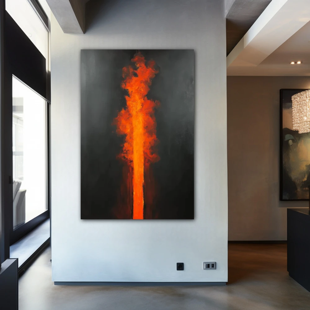 Wall Art titled: Apex of Passion in a Vertical format with: Orange, Black, and Red Colors; Decoration the Entryway wall