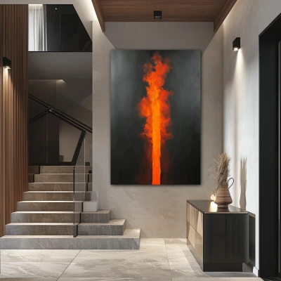 Wall Art titled: Apex of Passion in a Vertical format with: Orange, Black, and Red Colors; Decoration the Staircase wall