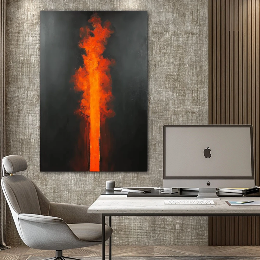 Wall Art titled: Apex of Passion in a Vertical format with: Orange, Black, and Red Colors; Decoration the Office wall