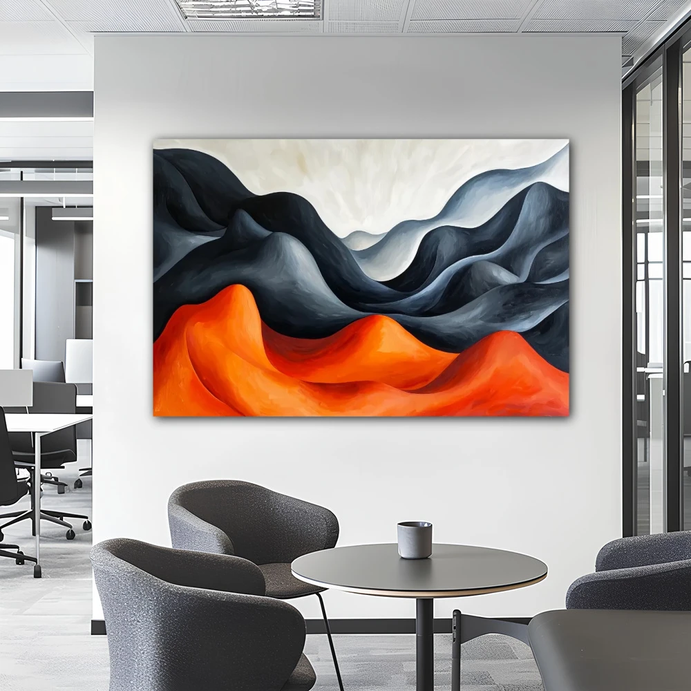 Wall Art titled: Echo Among Mountains in a Horizontal format with: Grey, and Orange Colors; Decoration the Office wall