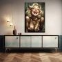 Wall Art titled: Felicidad Vintage in a Vertical format with: Golden, and Red Colors; Decoration the Sideboard wall