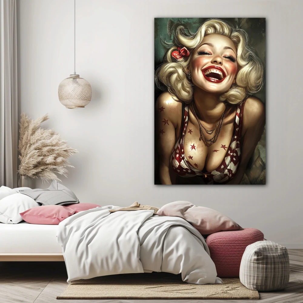 Wall Art titled: Felicidad Vintage in a Vertical format with: Golden, and Red Colors; Decoration the Bedroom wall