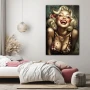 Wall Art titled: Felicidad Vintage in a Vertical format with: Golden, and Red Colors; Decoration the Bedroom wall