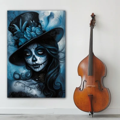 Wall Art titled: The Charm of Mystery in a Vertical format with: Blue, and Monochromatic Colors; Decoration the White Wall wall