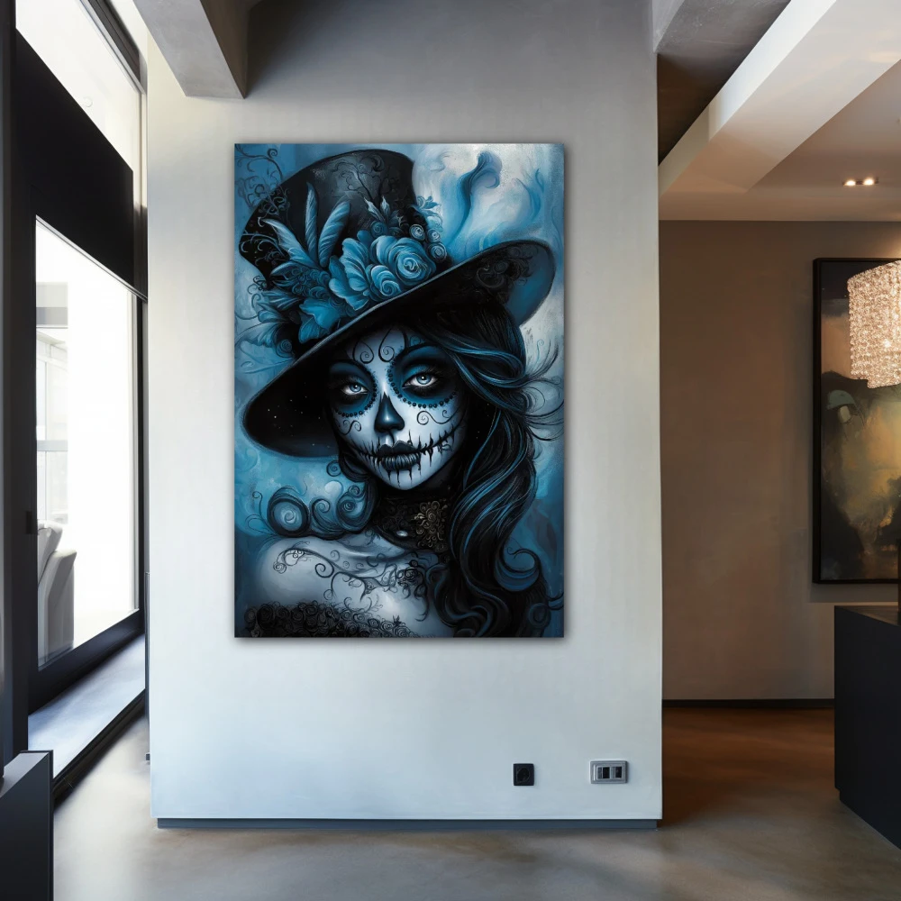 Wall Art titled: The Charm of Mystery in a Vertical format with: Blue, and Monochromatic Colors; Decoration the Entryway wall