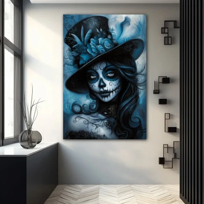 Wall Art titled: The Charm of Mystery in a Vertical format with: Blue, and Monochromatic Colors; Decoration the Grey Walls wall