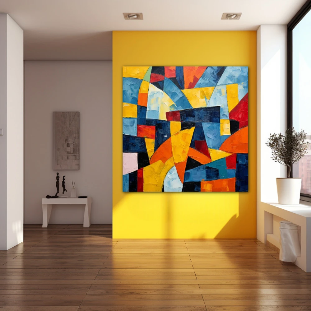 Cuadro res imaginariae en formato cuadrado con colores amarillo, azul, vivos; decorando pared amarilla