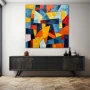 Wall Art titled: Res Imaginariae in a Square format with: Yellow, Blue, and Vivid Colors; Decoration the Sideboard wall