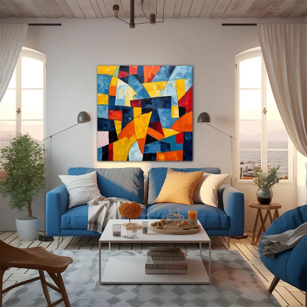 Wall Art titled: Res Imaginariae in a Square format with: Yellow, Blue, and Vivid Colors; Decoration the  wall
