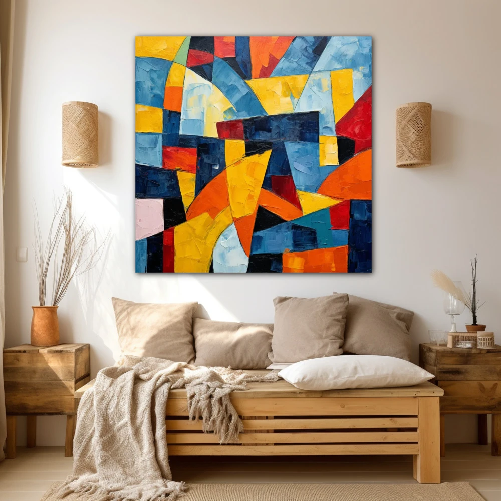 Wall Art titled: Res Imaginariae in a Square format with: Yellow, Blue, and Vivid Colors; Decoration the Beige Wall wall