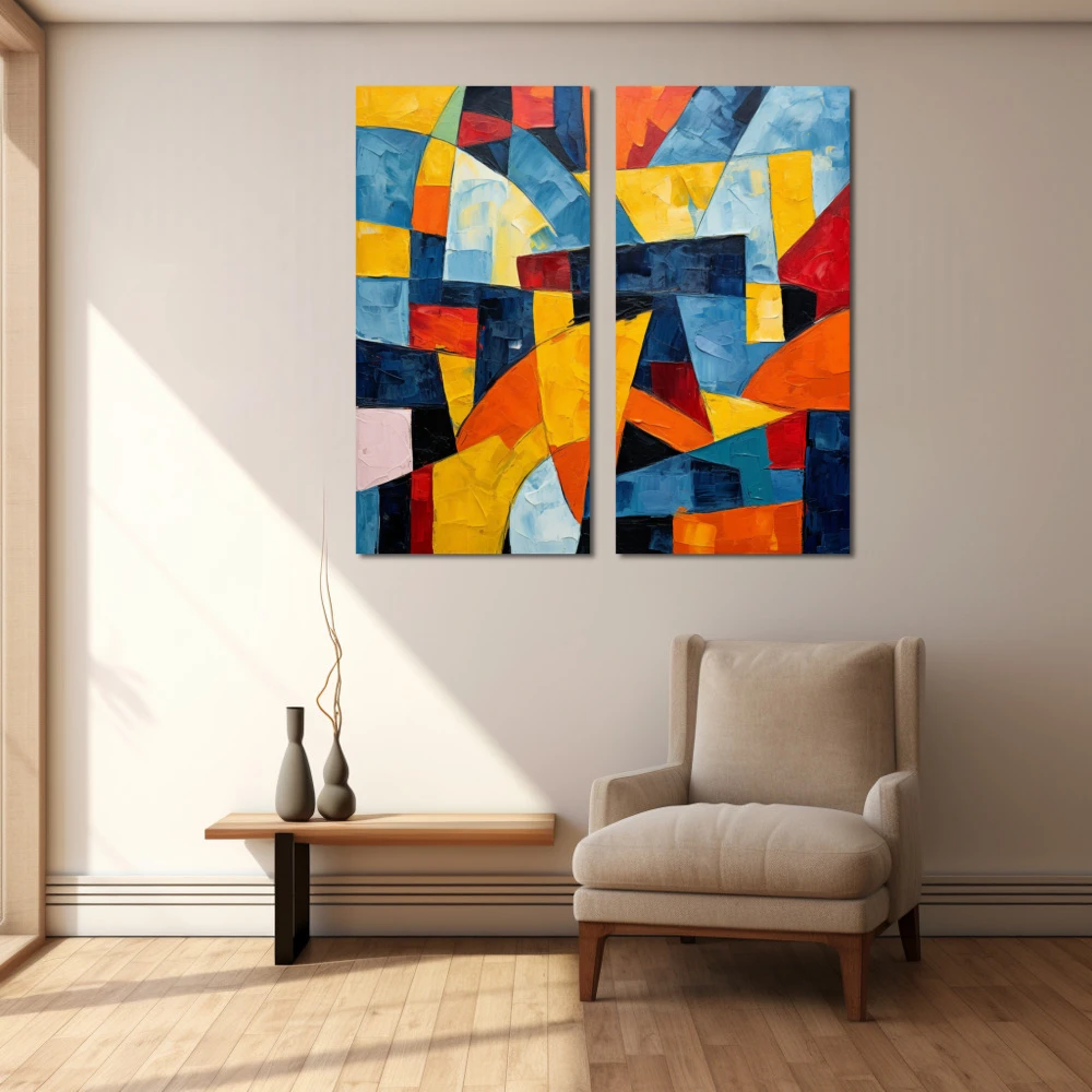 Wall Art titled: Res Imaginariae in a Square format with: Yellow, Blue, and Vivid Colors; Decoration the Beige Wall wall