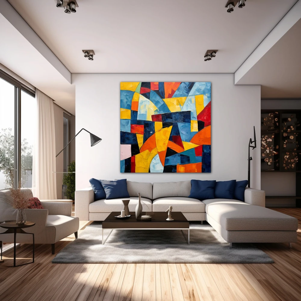 Wall Art titled: Res Imaginariae in a Square format with: Yellow, Blue, and Vivid Colors; Decoration the Above Couch wall