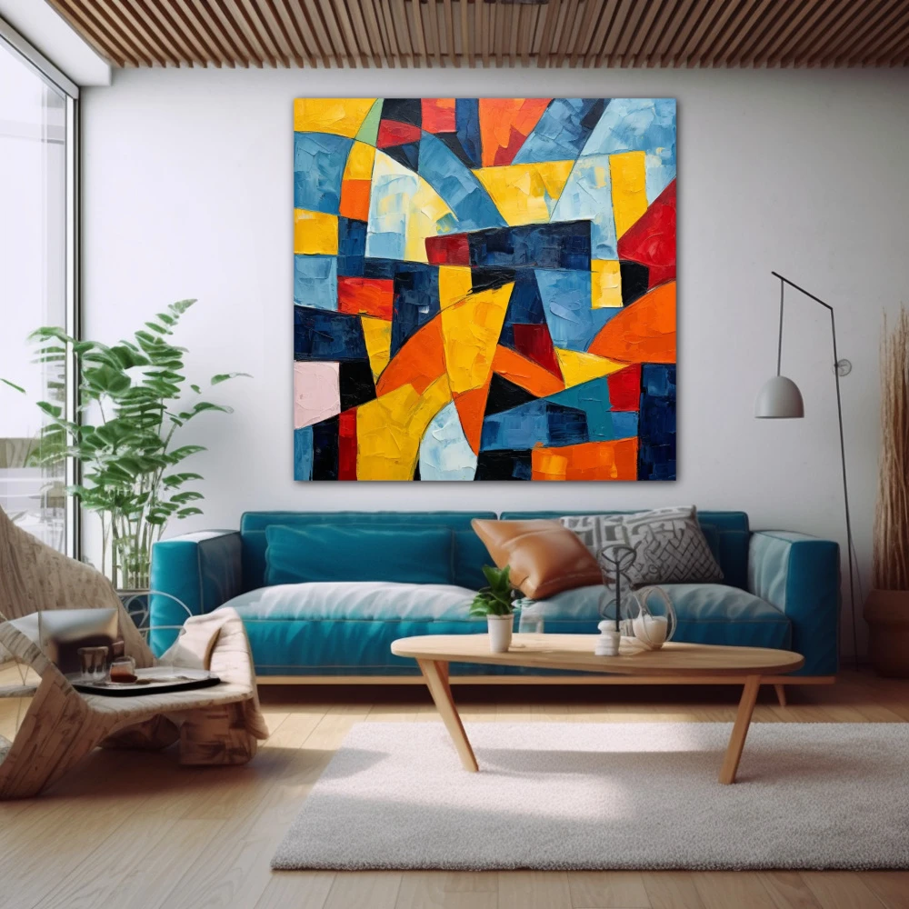Cuadro res imaginariae en formato cuadrado con colores amarillo, azul, vivos; decorando pared de encima del sofá