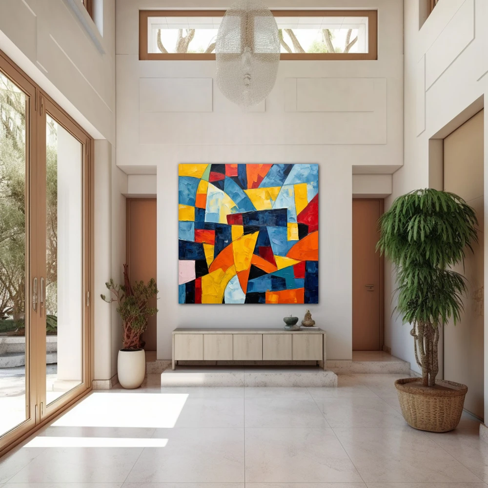Wall Art titled: Res Imaginariae in a Square format with: Yellow, Blue, and Vivid Colors; Decoration the Entryway wall