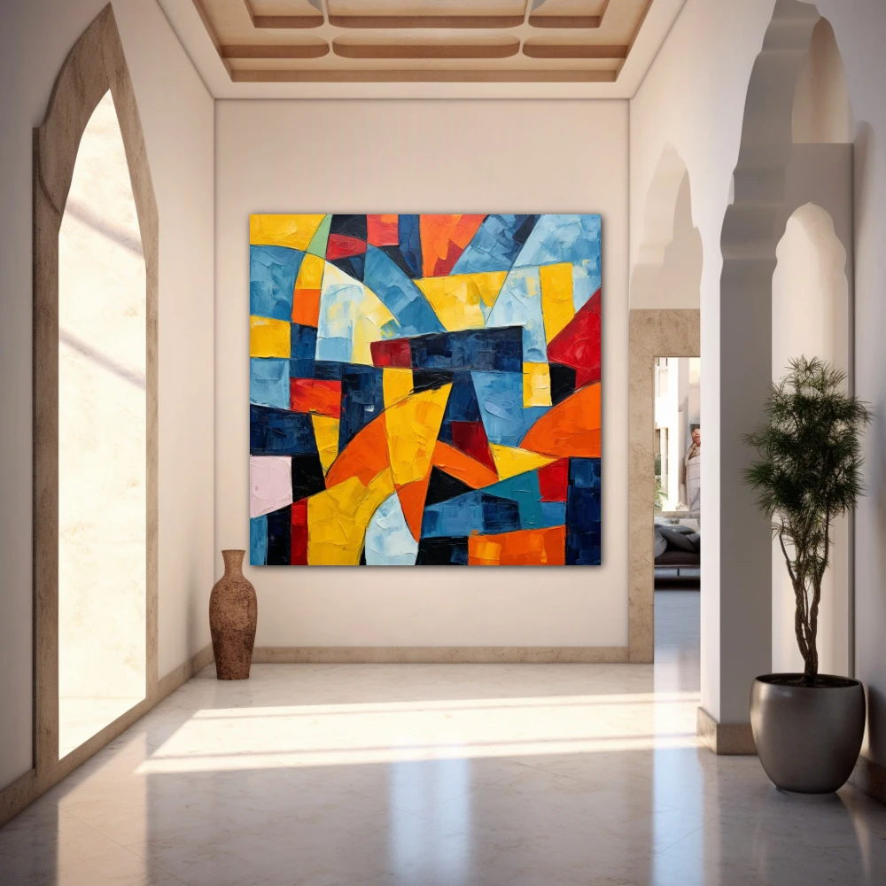 Wall Art titled: Res Imaginariae in a Square format with: Yellow, Blue, and Vivid Colors; Decoration the Entryway wall