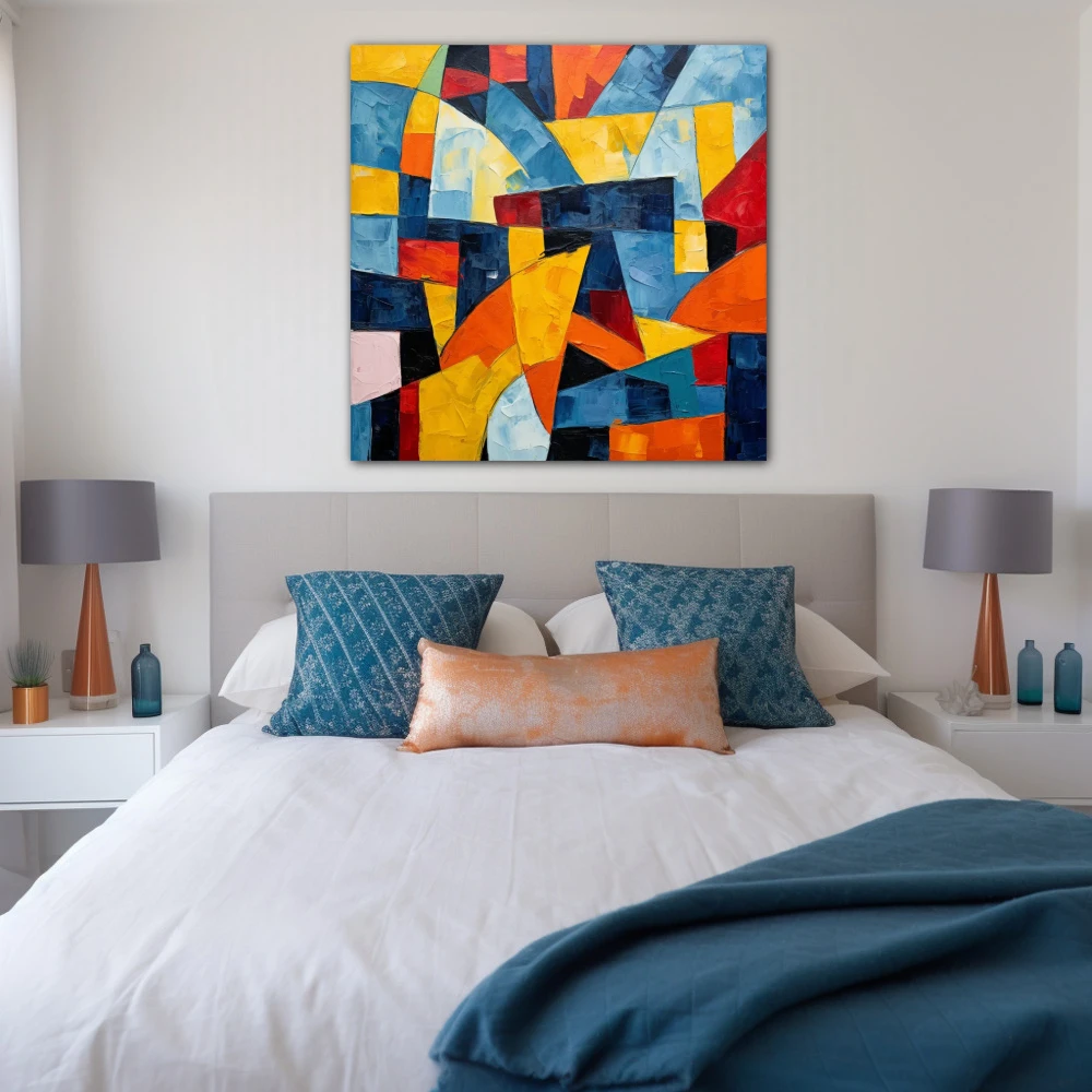 Cuadro res imaginariae en formato cuadrado con colores amarillo, azul, vivos; decorando pared de habitación dormitorio