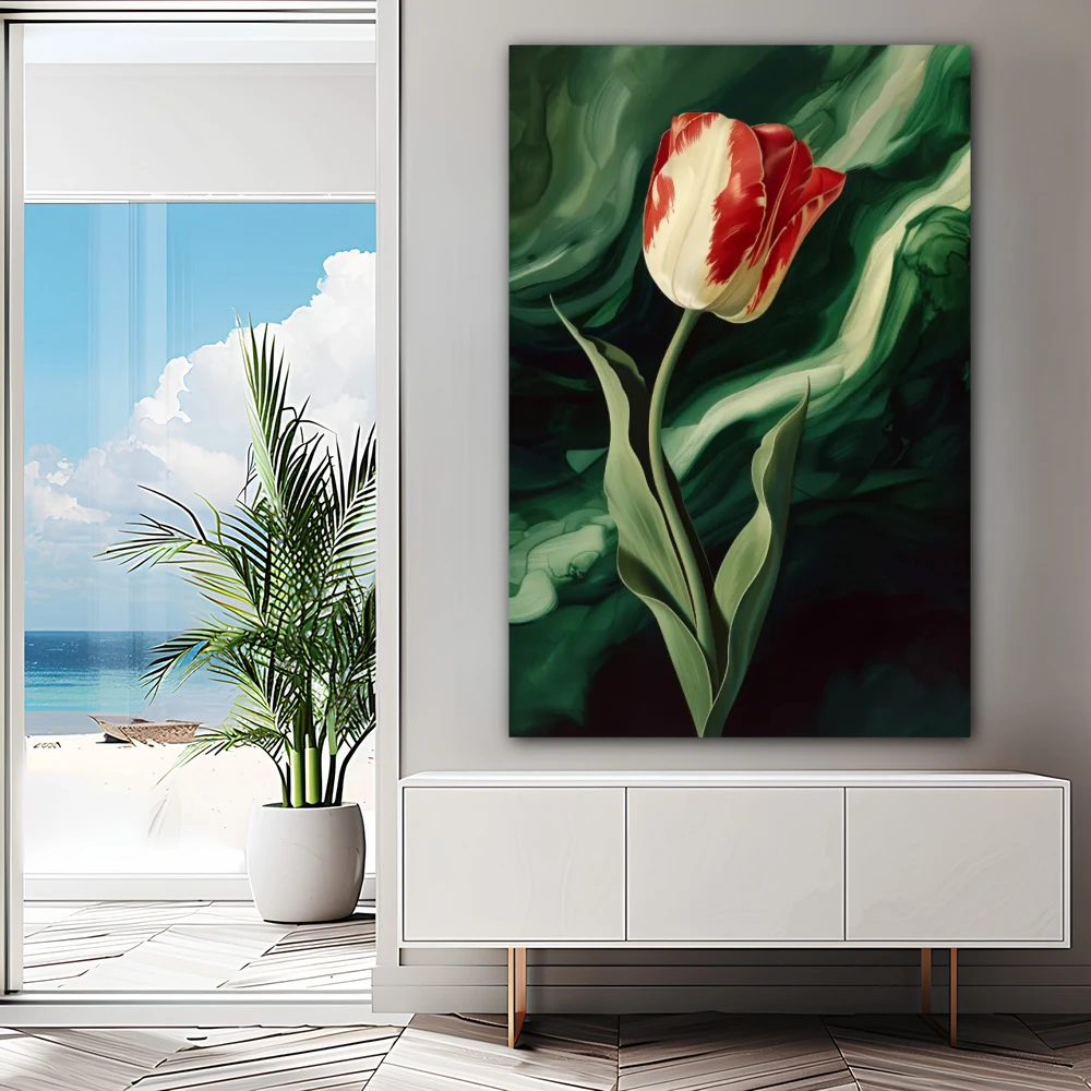 Wall Art titled: Crimson Mystery in a Vertical format with: Red, Green, and Vivid Colors; Decoration the Sideboard wall