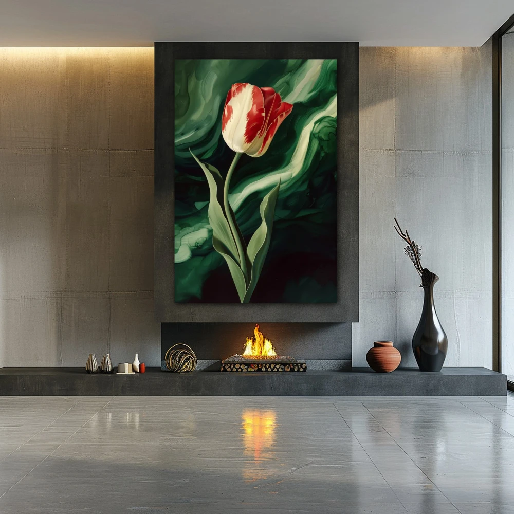 Wall Art titled: Crimson Mystery in a Vertical format with: Red, Green, and Vivid Colors; Decoration the Fireplace wall