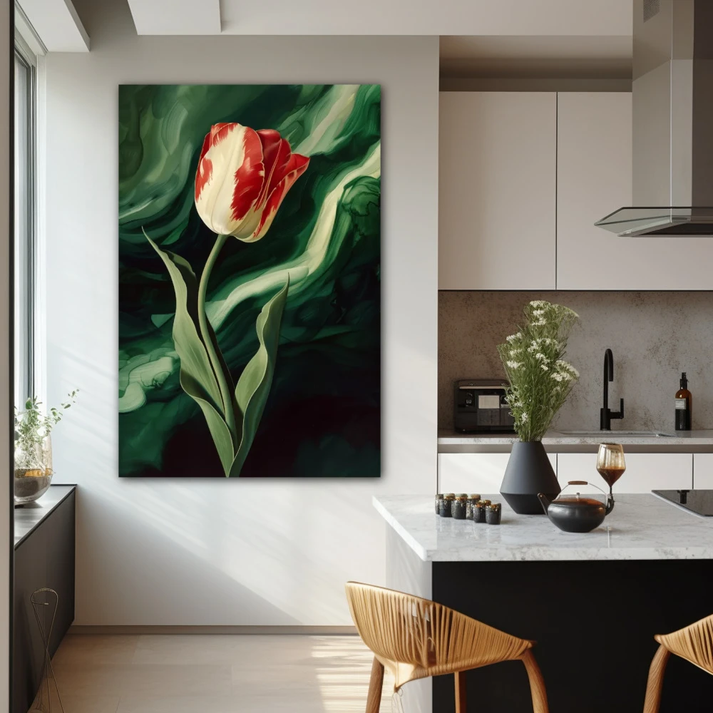 Wall Art titled: Crimson Mystery in a Vertical format with: Red, Green, and Vivid Colors; Decoration the Kitchen wall