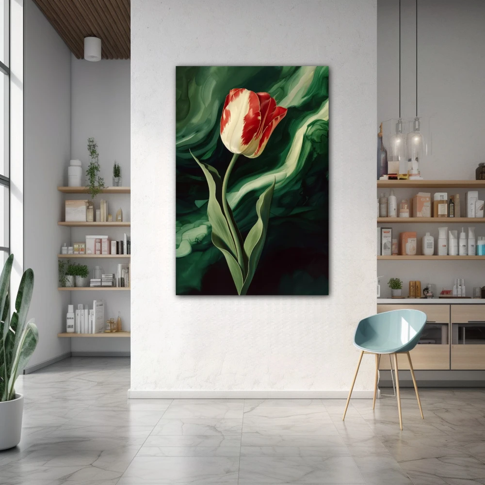 Wall Art titled: Crimson Mystery in a Vertical format with: Red, Green, and Vivid Colors; Decoration the Pharmacy wall