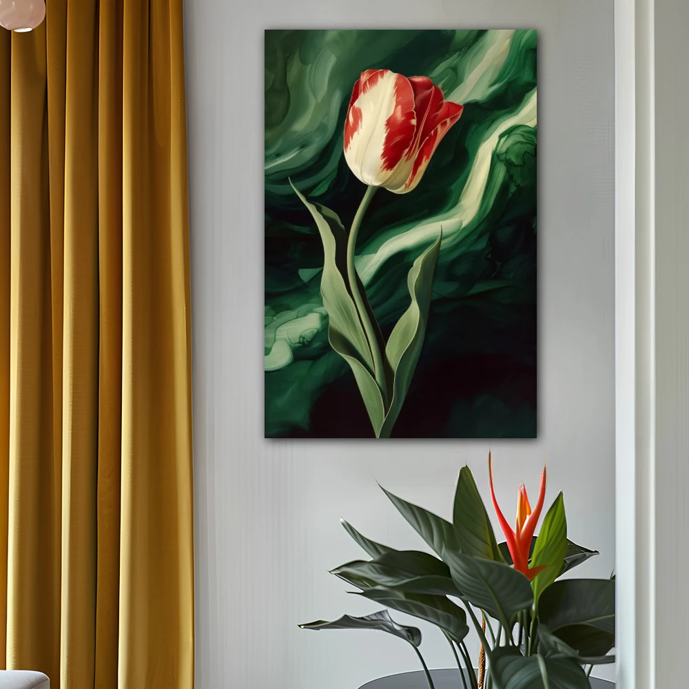 Wall Art titled: Crimson Mystery in a Vertical format with: Red, Green, and Vivid Colors; Decoration the Office wall