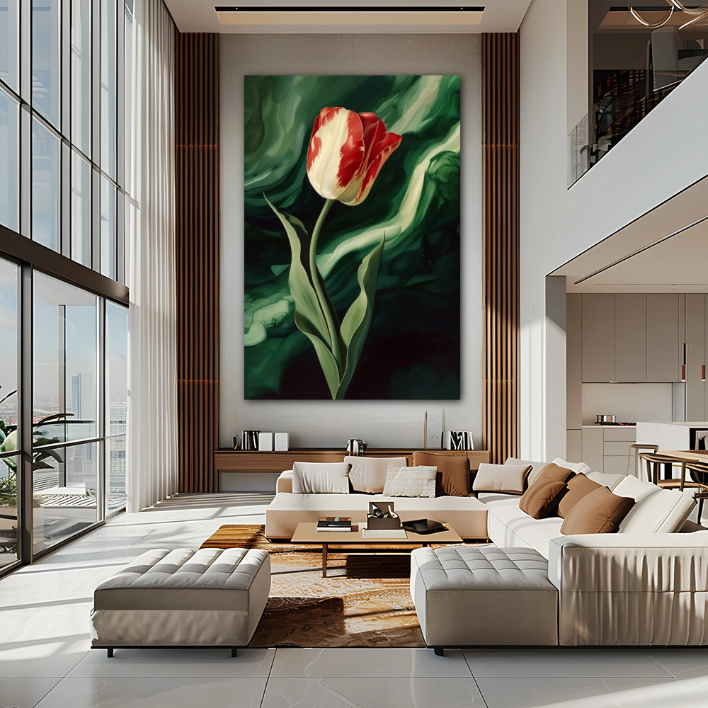 Wall Art titled: Crimson Mystery in a Vertical format with: Red, Green, and Vivid Colors; Decoration the Living Room wall