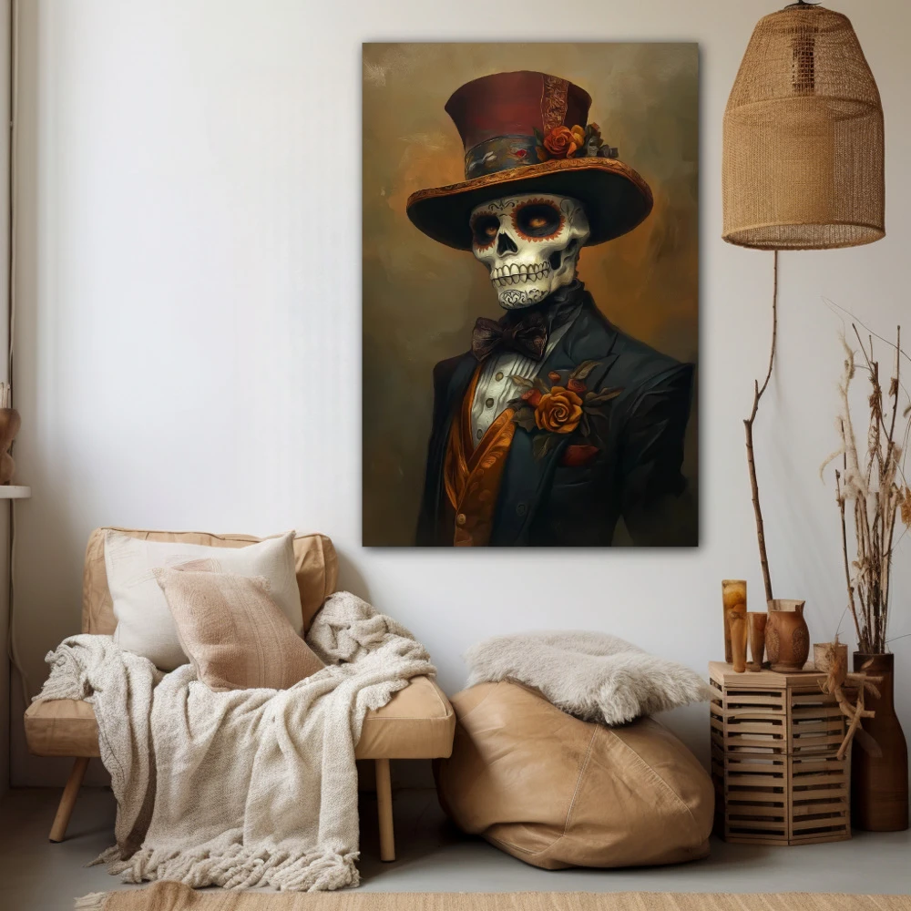 Wall Art titled: Knight of Mictlán in a Vertical format with: and Brown Colors; Decoration the Beige Wall wall