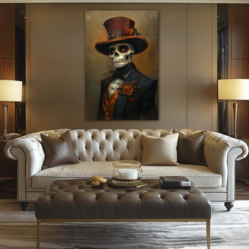 Wall Art titled: Knight of Mictlán in a Vertical format with: and Brown Colors; Decoration the Above Couch wall