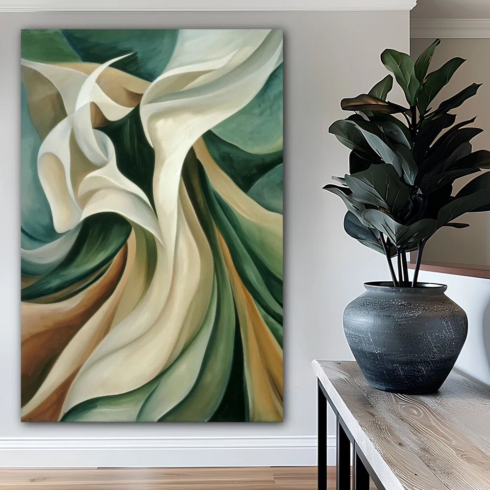 Wall Art titled: Whispers of Silk in a Vertical format with: Green, and Beige Colors; Decoration the Office wall