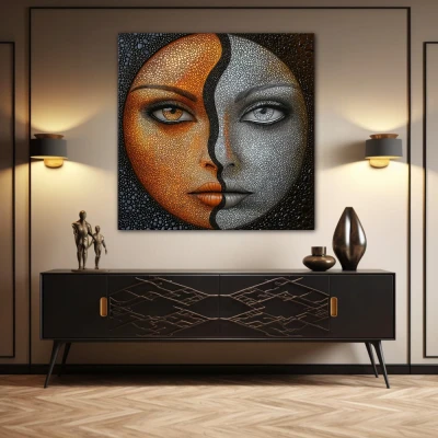 Wall Art titled: Duality of Sun and Moon in a Square format with: Golden, Grey, and Orange Colors; Decoration the Sideboard wall