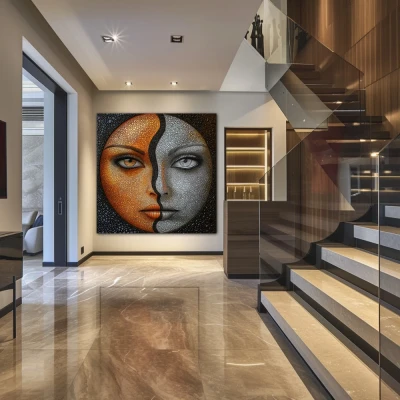 Wall Art titled: Duality of Sun and Moon in a  format with: Golden, Grey, and Orange Colors; Decoration the Staircase wall