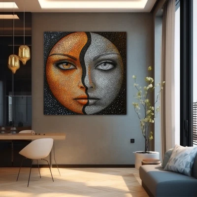 Wall Art titled: Duality of Sun and Moon in a Square format with: Golden, Grey, and Orange Colors; Decoration the Grey Walls wall