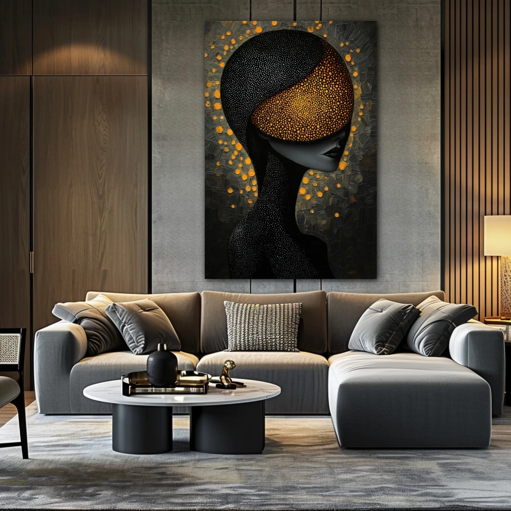 Wall Art titled: Encounter in the Shadow in a Vertical format with: Grey, Orange, and Black Colors; Decoration the Above Couch wall